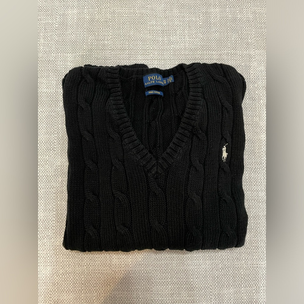 Ralph Lauren Black V-Neck Cable Knit Sweater